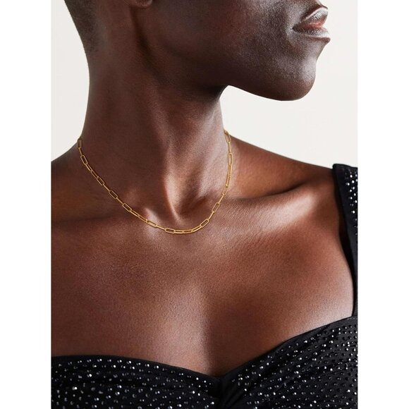 Sweatproof 14K Gold Plated Non Tarnish Chunky Herringbone Paperclip Necklace - Picture 4 of 7